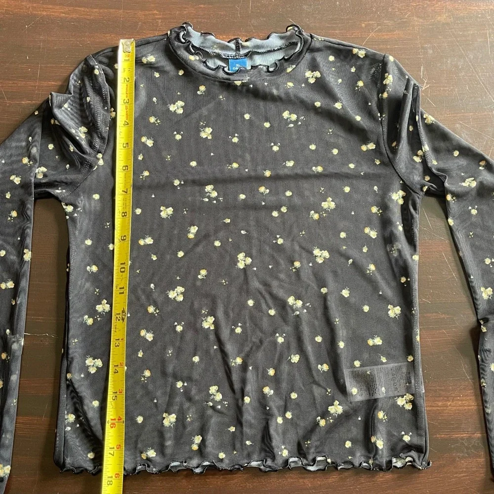 Old Navy Kids Girl XL 14-16 Black Floral Sheer Mesh Long Sleeve Lettuce Edge Top